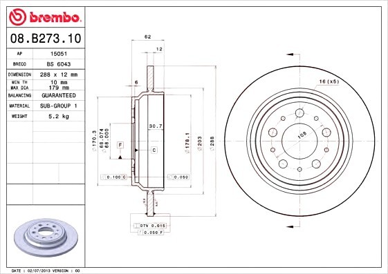 08B27310 BREMBO (Германия) 08.B273.10_диск тормозной задний! \ Volvo V70/XC70 2.0-2.5/2.5D 96> 08B27310 BREMBO