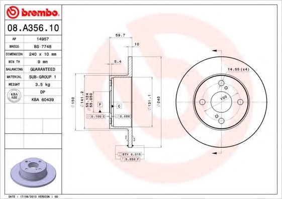 08A35610 BREMBO (Германия) 08.A356.10_диск тормозной задний! \ Toyota Corolla 1.4-2.0TD 97> 08A35610 BREMBO