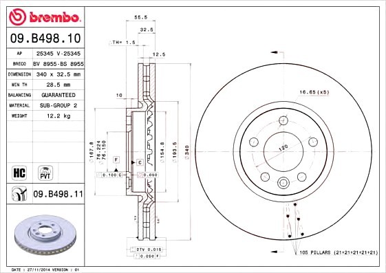 09B49810 BREMBO (Германия) Диск тормозной VW TRANSPORTER V 2.0 03-, MULTIVAN V 09- передн. (пр-во BREMBO)