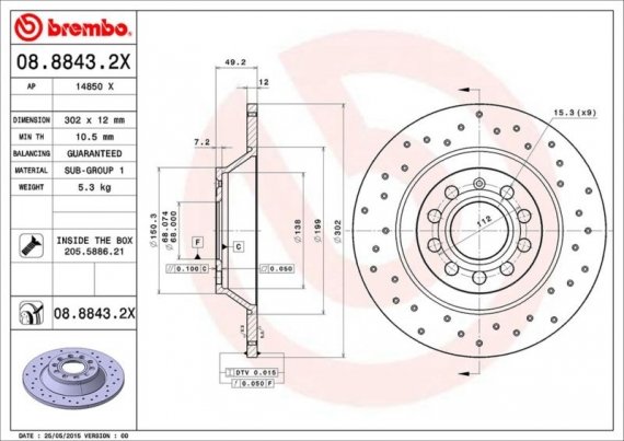 0888432X BREMBO (Германия) Диск гальмівний зад, AUDI: A6 04-, A6 Allroad 06-, A6 Avant 05- 0888432X BREMBO