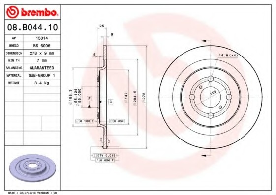 08B04410 BREMBO (Германия) 08.B044.10_диск тормозной задний! \ Toyota Yaris 1.0/1.3 06> 08B04410 BREMBO