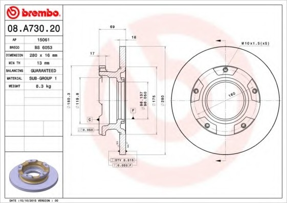 08A73020 BREMBO (Германия) Диск гальмівний задній ford transit 06-(зі здвоєними шинами) 08A73020 BREMBO