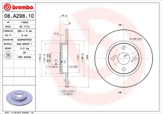 08A29810 BREMBO (Германия) 08.a298.10_диск тормозной задний! toyota corolla all 97> 08A29810 BREMBO