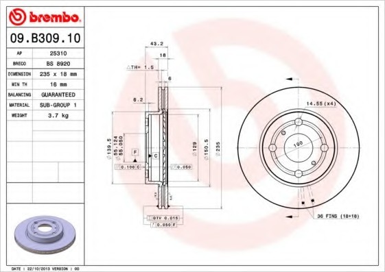 09B30910 BREMBO (Германия) Диск гальм. toyota yaris scp1_, nlp1_, ncp1_ 0199-1205 f 09B30910 BREMBO