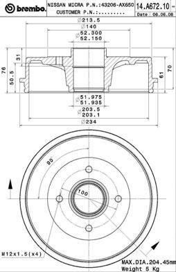 14A67210 BREMBO (Германия) 14.A672.10_барабан тормозной! \ Nissan Micra/Note 03> 14A67210 BREMBO