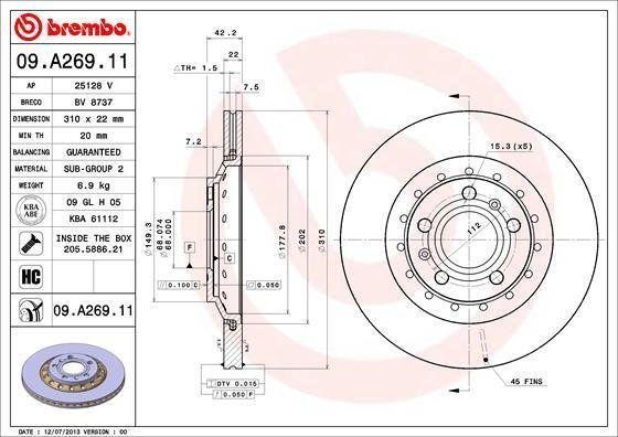 09A26911 BREMBO (Германия) ДИСК ТОРМ. ОКРАШ. RE VAG A8 -10, PHAETON 04- 310ММ 09A26911 BREMBO