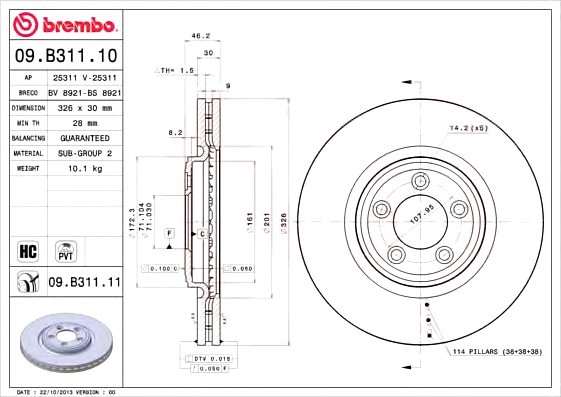 09B31111 BREMBO (Германия) Диск гальм. jaguar xf _j05_, cc9 0308 => (забарвлений) 09B31111 BREMBO