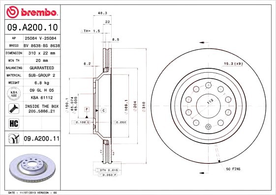 09A20011 BREMBO (Германия) ДИСК ТОРМ. ОКРАШ. RE VAG A3 12-, Q3, EOS, CC, GOL 09A20011 BREMBO