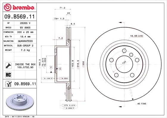 09B56911 BREMBO (Германия) ДИСК ТОРМ. ОКРАШ. RE BMW X3(F25) 10-, X4(F26) 14- 09B56911 BREMBO