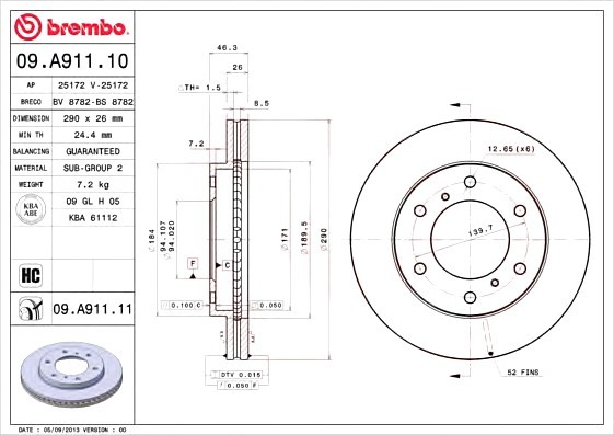 09A91110 BREMBO (Германия) Диск тормозной передн MITSUBISHI: PAJERO IV 06- 09A91110 BREMBO