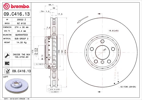 09C41613 BREMBO (Германия) ДИСК ТОРМ. FR L BMW 5 GRAN TURISMO(F07), 7(F01) 09C41613 BREMBO