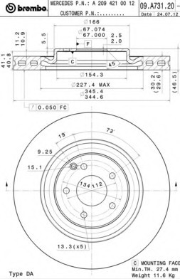 09A73121 BREMBO (Германия) ТОРМ. ДИСК FR MB (W203S203C209A209) ОКРАШ. -10 09A73121 BREMBO