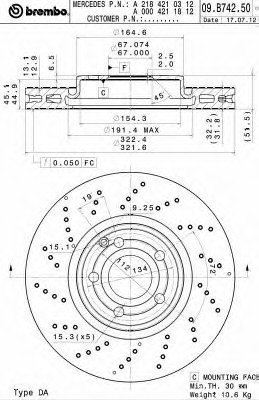 09B74251 BREMBO (Германия) Диск тормозной вентилируемый, перфорированный 09B74251 BREMBO