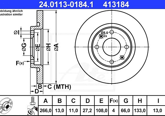 24011301841 Ate Диск торм. peugeot partner citroen c2,c3 96=> 24011301841 ATE