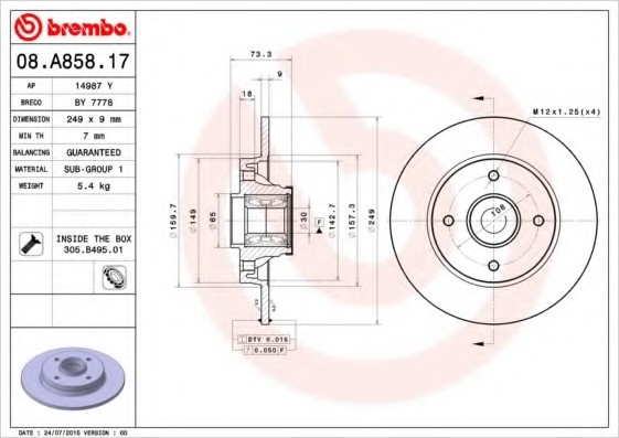 08A85817 BREMBO (Германия) Диск торм. зад. с подшип. peugeot 308 07=> 08A85817 BREMBO