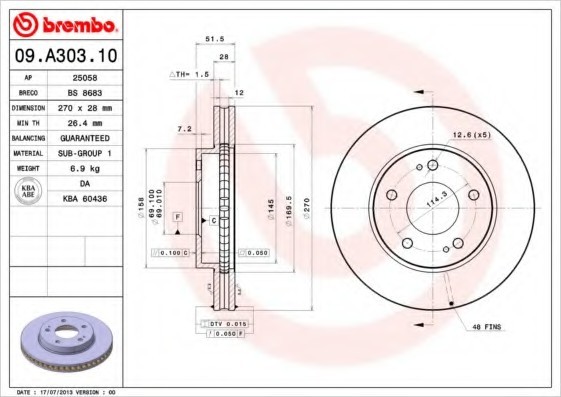 09A30310 BREMBO (Германия) ДИСК ТОРМ. FR D=270ММ MI L200 2.5DI-D 07- 09A30310 BREMBO