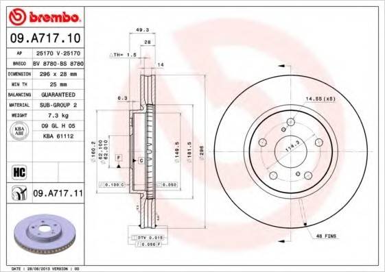 09A71711 BREMBO (Германия) Торм. диск пер.вент.[296x28] 5 відп..[min2] 09A71711 BREMBO