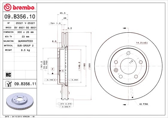 09B35611 BREMBO (Германия) Торм.диск пер.вент.[300x26] 5 отв.[min2] 09B35611 BREMBO