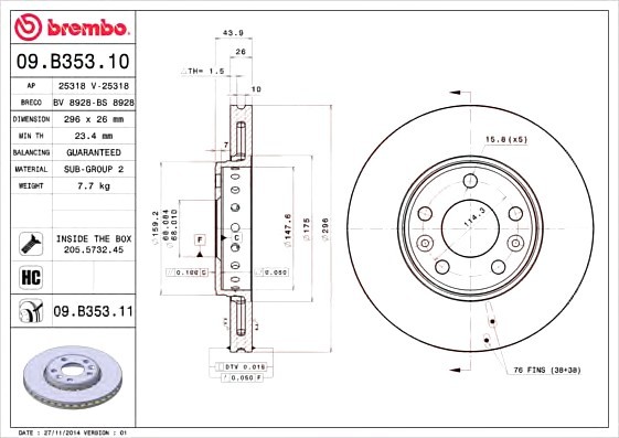 09B35310 BREMBO (Германия) Торм.диск пер.вент.[296x26] 5 отв.[min2] 09B35310 BREMBO