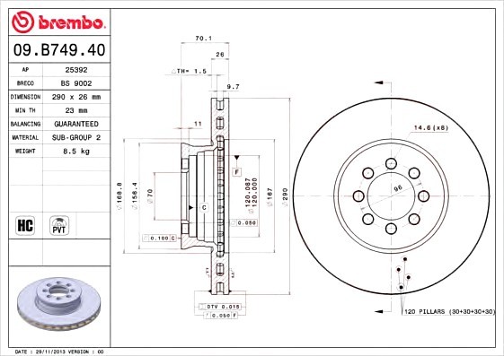 09B74940 BREMBO (Германия) Диск гальм. FR MB SPRINTER 01-, VARIO 98- 09B74940 BREMBO