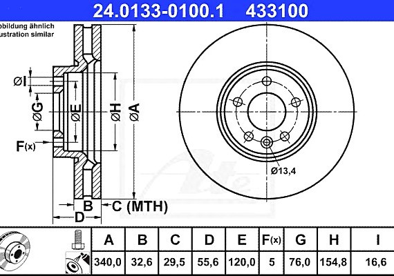 24013301001 Ate Диск торм. пер. вент.[340x32,6] 5 отв. 24013301001 ATE