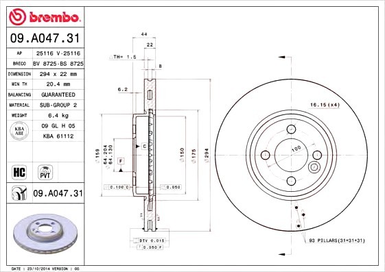 09A04731 BREMBO (Германия) ДИСК ТОРМ. ОКРАШ. FR MINI COOPER S 06- 09A04731 BREMBO