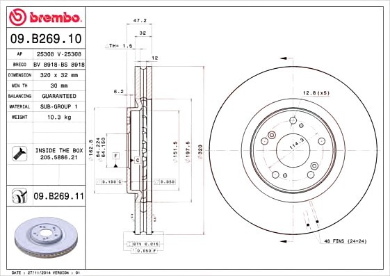 09B26910 BREMBO (Германия) Диск гальмівний HONDA ACCORD IX, TOURER (CU) 2.4 I-VTEC 08 - передн. (вир-во BREMBO)