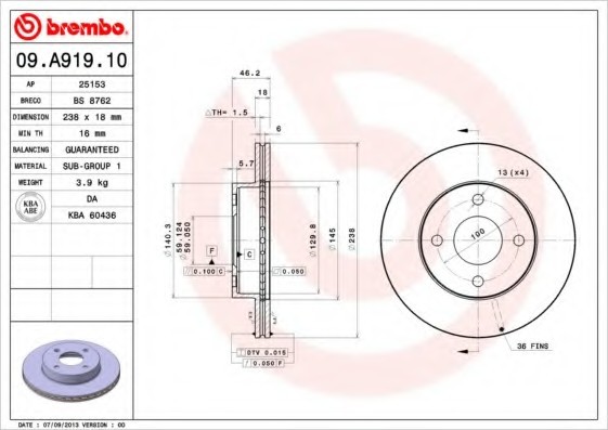 09A91910 BREMBO (Германия) Диск гальмівний передній вентильований 09A91910 BREMBO