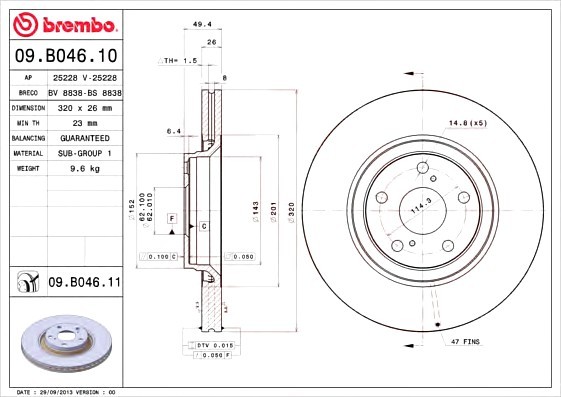 09B04611 BREMBO (Германия) ДИСК ГАЛЬМОВИЙ FR ДКР. TO AVENSIS 09- 09B04611 BREMBO