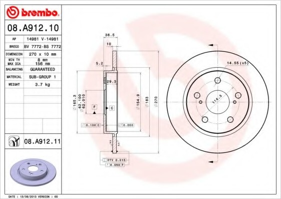 08A91210 BREMBO (Германия) Торм.диск задн.[270x10] 5 отв.[min 2] 08A91210 BREMBO