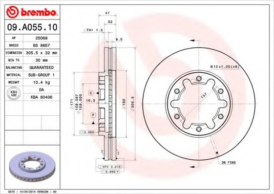 09A05510 BREMBO (Германия) Торм.диск пер.вент.[305,7x32] 6 отв. 09A05510 BREMBO