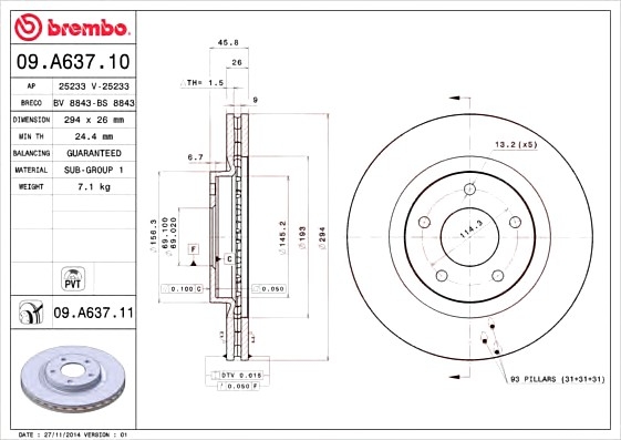 09A63710 BREMBO (Германия) Торм. диск пер.[294x26] 5 отв.[min 2] 09A63710 BREMBO