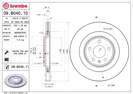 09B04011 BREMBO (Германия) ДИСК ТОРМ. ОКРАШ. RE VAG A45, Q5 08- 09B04011 BREMBO