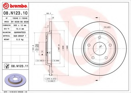 08N12311 BREMBO (Германия) Торм. диск зад.[305x12] 5 отв.[min2] 08N12311 BREMBO