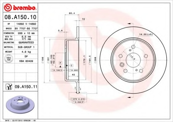 08A15011 BREMBO (Германия) Торм. диск зад.[288x10] 5 отв.[min2] 08A15011 BREMBO