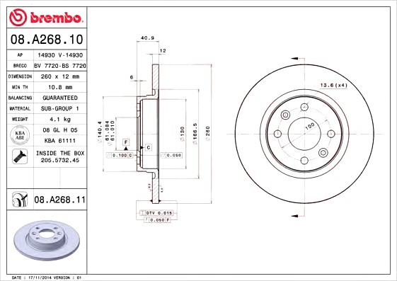 08A26810 BREMBO (Германия) Диск торм. renault logan ls_ 0904=> 08A26810 BREMBO