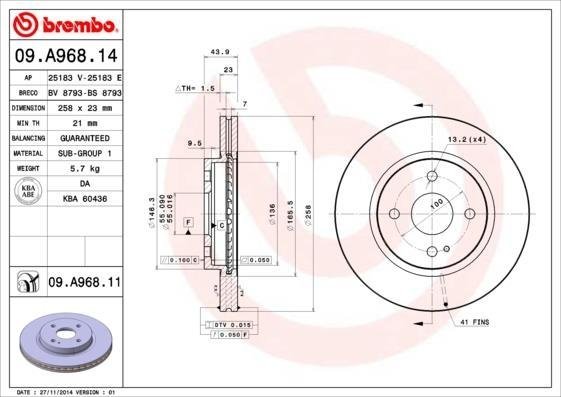 09A96814 BREMBO (Германия) Торм.диск пер.[258x23] 4 отв.[min2] 09A96814 BREMBO