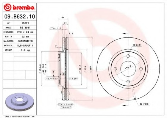 09B63210 BREMBO (Германия) Торм. диск пер.[280x24] 4 отв.[min2] 09B63210 BREMBO