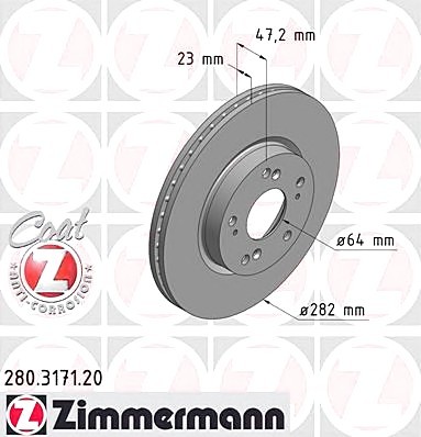 280317120 Zimmermann Гальмівний диск перед вент Honda Civic 18i/FR-V/St