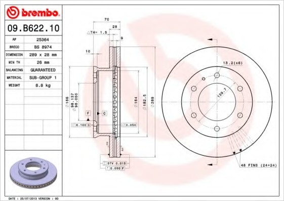 09B62210 BREMBO (Германия) ТОРМ.ДИСК ПЕР.289X28 6 ОТВ.MIN 2 09B62210 BREMBO