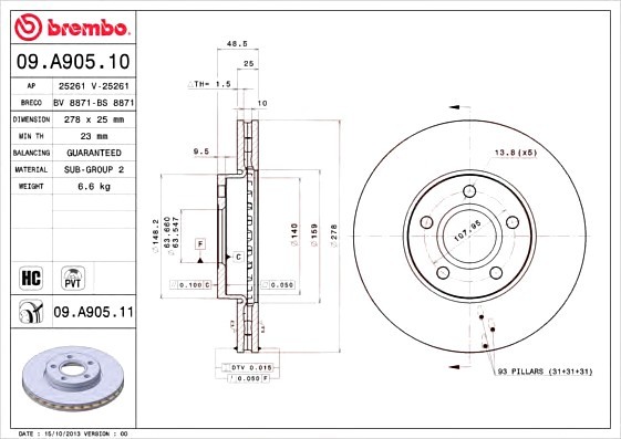 09A90510 BREMBO (Германия) Диск гальм. ford c-max ii 1210=> 09A90510 BREMBO