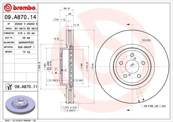 09.A870.14 BREMBO (Германия) Гальмівний диск вентильований 09.A870.14 BREMBO