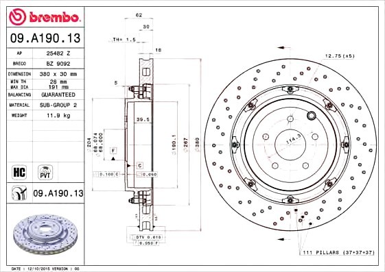 09A19013 BREMBO (Германия) Торм. диск зад.[380x30] 5 отв. 09A19013 BREMBO