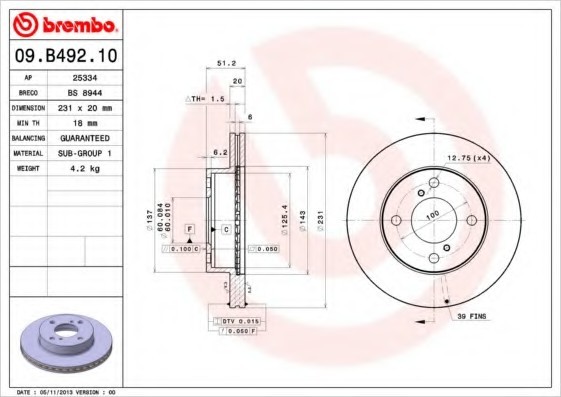 09B49210 BREMBO (Германия) Диск тормозной вентилируемый 09B49210 BREMBO