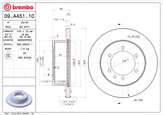 09A45110 BREMBO (Германия) Диск тормозной 09.a451.10 09A45110 BREMBO