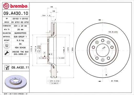 09A43010 BREMBO (Германия) Диск тормозной передний 09A43010 BREMBO