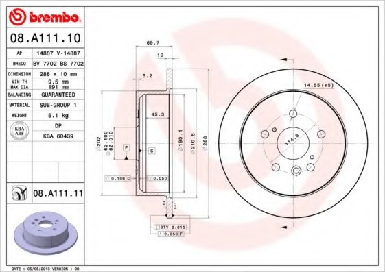 08A11111 BREMBO (Германия) Диск тормозной задний 08A11111 BREMBO