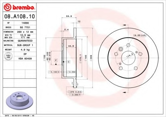 08.A108.10 BREMBO (Германия) Диск гальмівний 08.A108.10 BREMBO