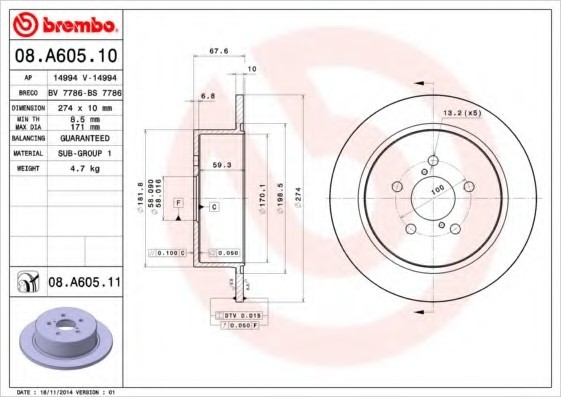 08A60511 BREMBO (Германия) Диск тормозной 08A60511 BREMBO