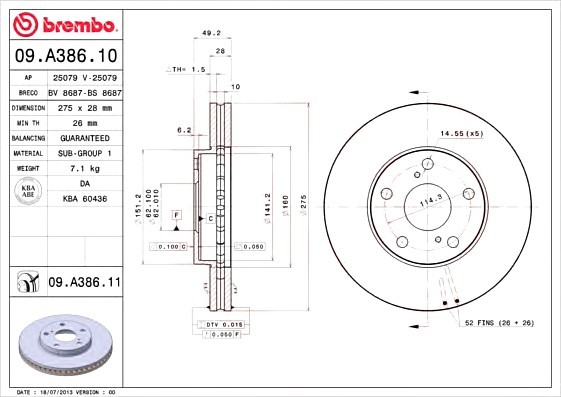 09A38611 BREMBO (Германия) Тормозной диск 09A38611 BREMBO